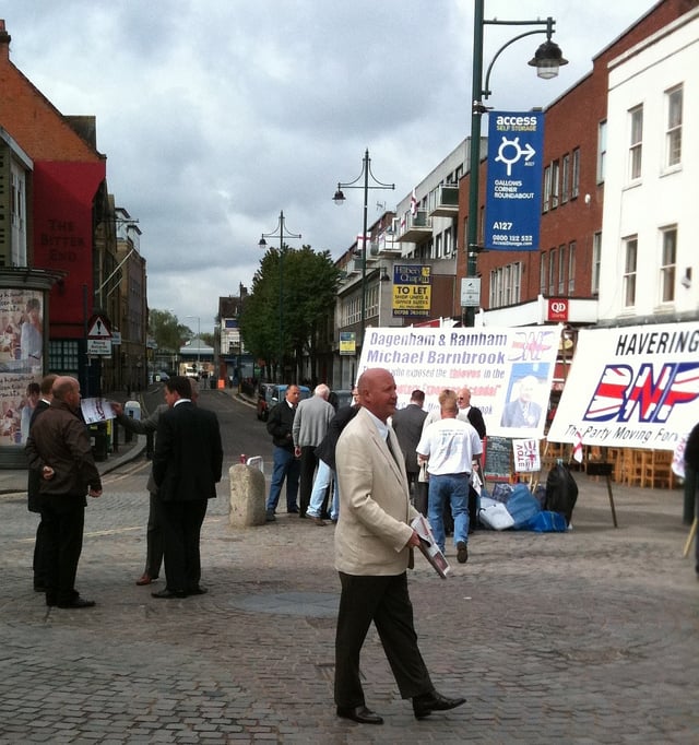 Nick Griffin, leader of the British National Party, talking to voters in Romford Market.