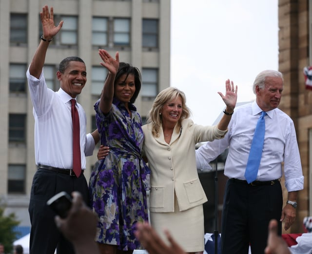 The Obamas, with Joe and Jill Biden, at the August 23, 2008, vice presidential announcement in Springfield, Illinois.