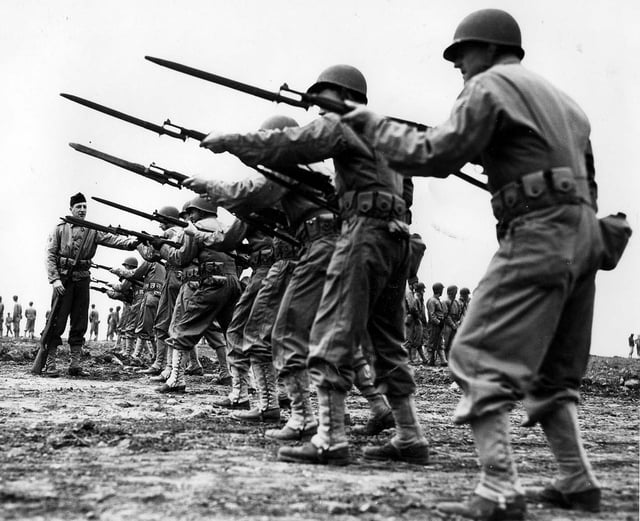 USMC directed fixed bayonet drill at Camp Peary NTC, VA in 1943 (Seabee Museum)