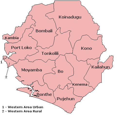 The 12 districts and 2 areas of Sierra Leone