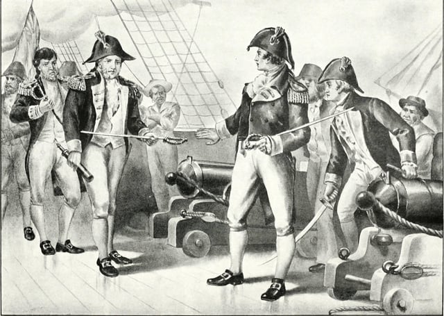 Officers of USS Chesapeake offer their swords to the officers of HMS Leopard. The Chesapeake–Leopard affair and other acts of impressment angered the American public.