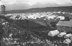 The tent city (called "The White City" in the handwritten caption) in Ship Creek, photographed by Alberta Pyatt on July 1, 1915.