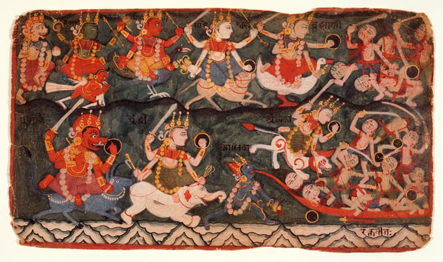 An 18th-century painting of Hindu goddesses Matrikas fighting demons, from LACMA.