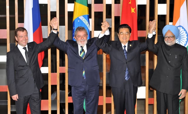 BRIC leaders in 2010 from left to right: Dmitry Medvedev, Lula, Hu Jintao and Manmohan Singh