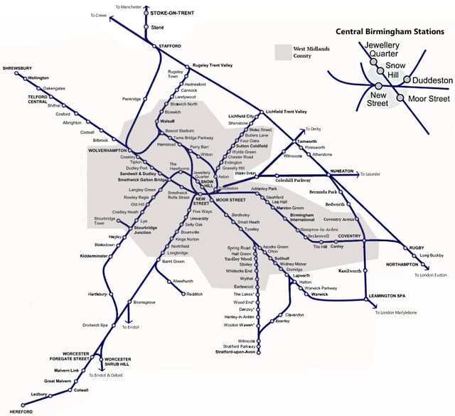 Map of the West Midlands passenger railway network