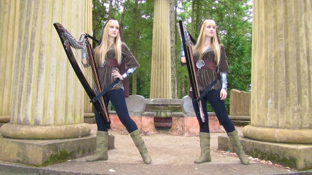 Camille and Kennerly dressed as elves while filming a video for their The Lord of the Rings soundtrack medley