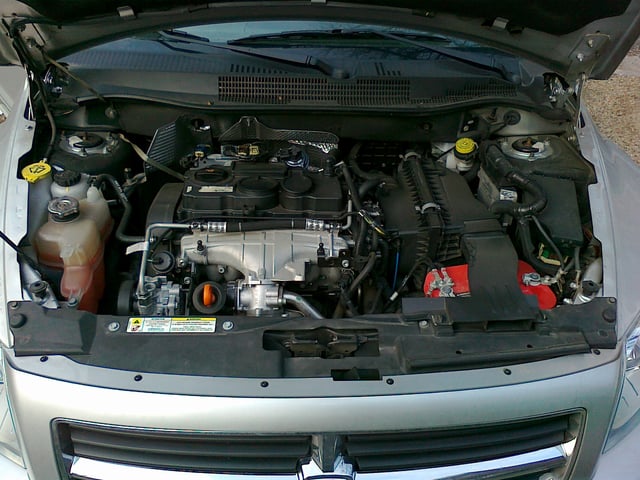 A picture of the VW-built TDI pump-duse diesel engine which powered the Dodge Caliber diesel variant sold in Europe (MY2007)