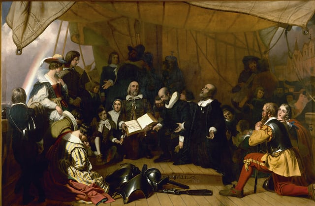 Pilgrims John Carver, William Bradford, and Miles Standish, at prayer during their voyage to America. Painting by Robert Walter Weir.