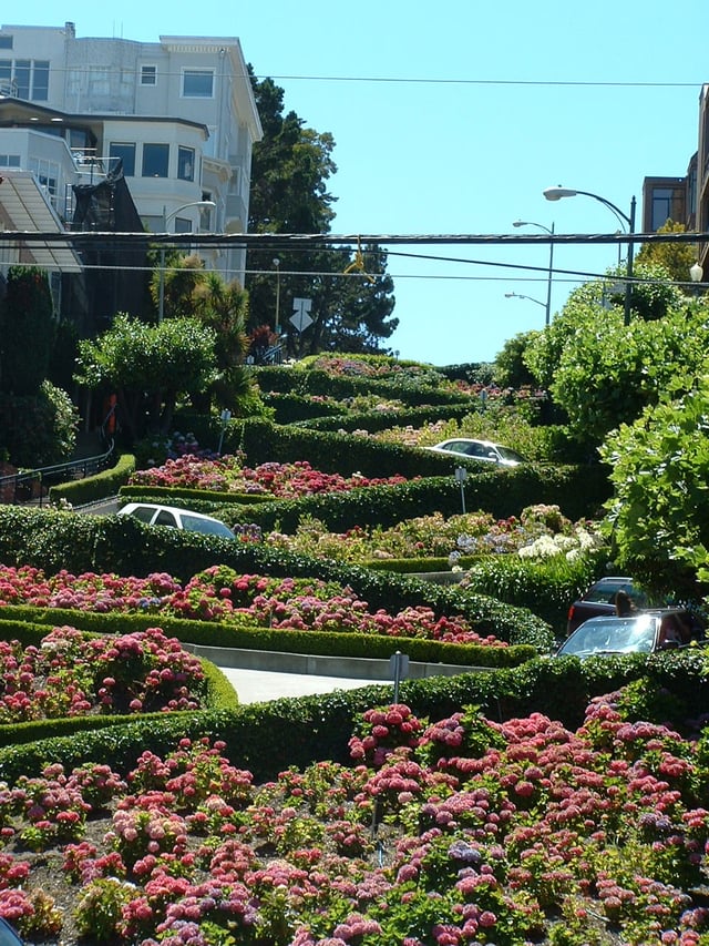 Cars navigate Lombard Street to descend Russian Hill.