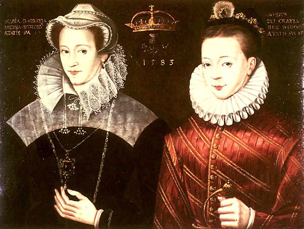 James (right) depicted aged 17 beside his mother Mary (left), 1583. In reality, they were separated when he was still a baby.
