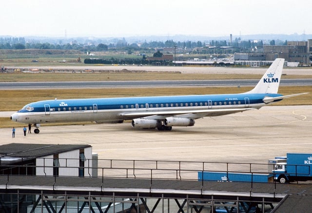 KLM Douglas DC-8-63 at London Heathrow Airport in 1982. The DC-8 was the mainstay of the KLM narrowbody jet fleet.