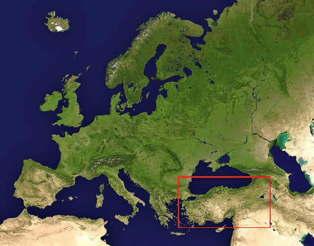 The location of Turkey (within the rectangle) in reference to the European continent. Anatolia roughly corresponds to the Asian part of Turkey