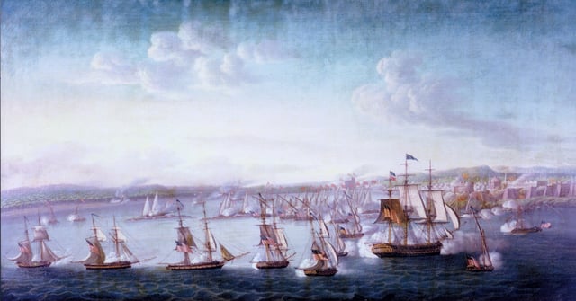 A US Navy expedition under Commodore Edward Preble engaging gunboats and fortifications in Tripoli, 1804
