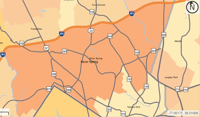 The boundaries of the Silver Spring CDP (in dark orange) as of 2010
