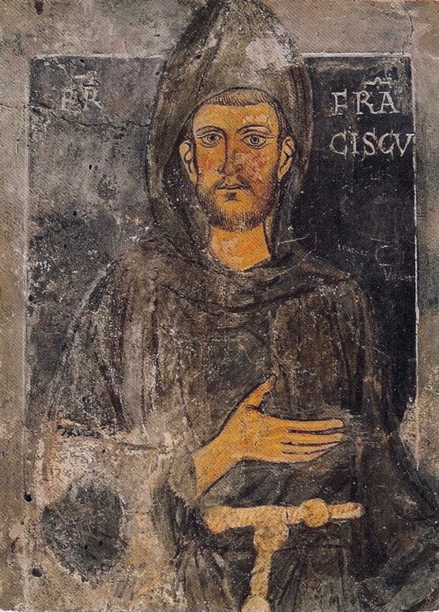 Francis of Assisi, founder of the Order of Friars Minor; oldest known portrait in existence of the saint, dating back to St. Francis's retreat to Subiaco (1223–1224)