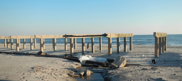 Stripped boardwalk in Rockaway Beach after Hurricane Sandy in 2012