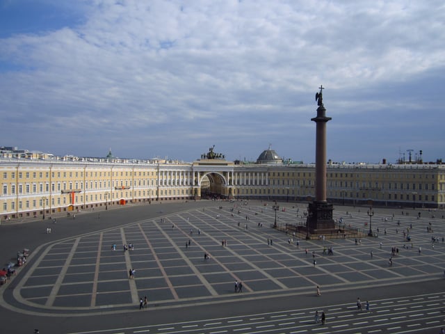 Palace Square backed by the General staff arch and building, as the main square of the Russian Empire it was the setting of many events of historic significance