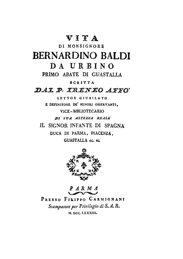 Vita di monsignore Bernardino Baldi da Urbino, 1783