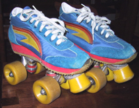 Blue disco quad roller skates.