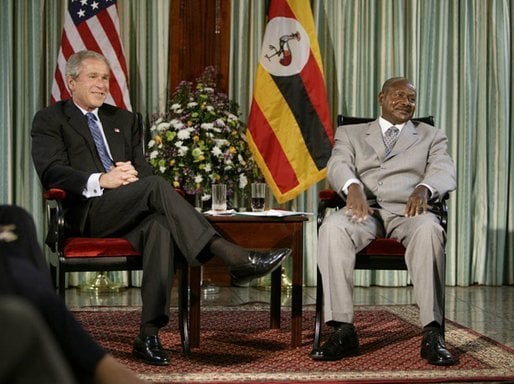 U.S. President George W. Bush met with President Yoweri Museveni in Entebbe, Uganda, July 11, 2003.