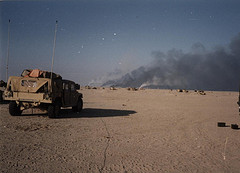 Destroyed Iraqi tanks burning at the Battle of Norfolk, February 1991