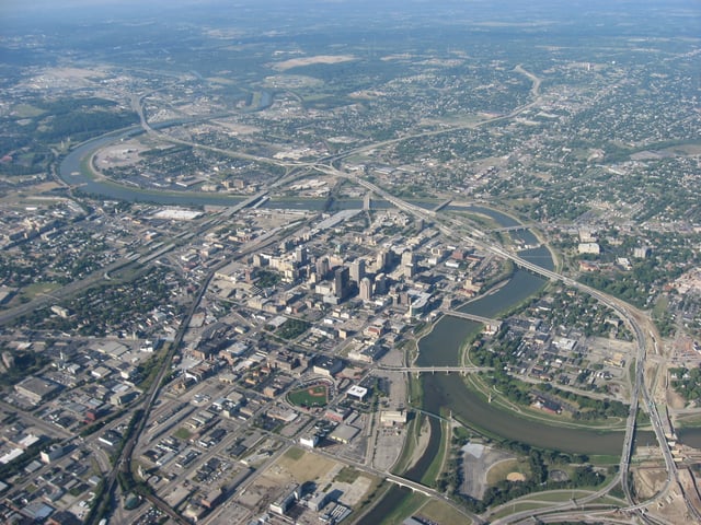 Aerial view of Downtown Dayton (NE to SW)