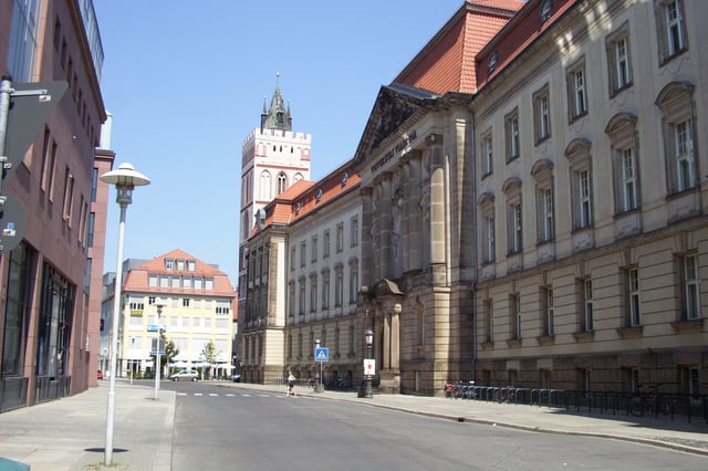 Viadrina European University, with the tower of the Marienkirche