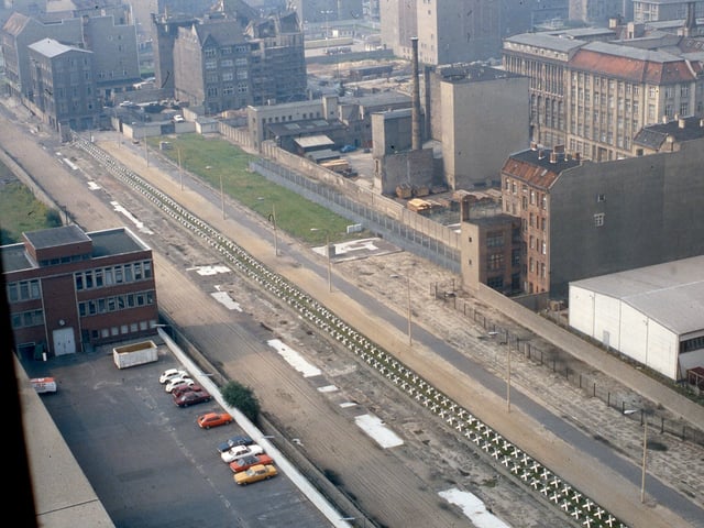 East Berlin "death strip" of the Berlin Wall, as seen from the Axel Springer AG Building, 1984.