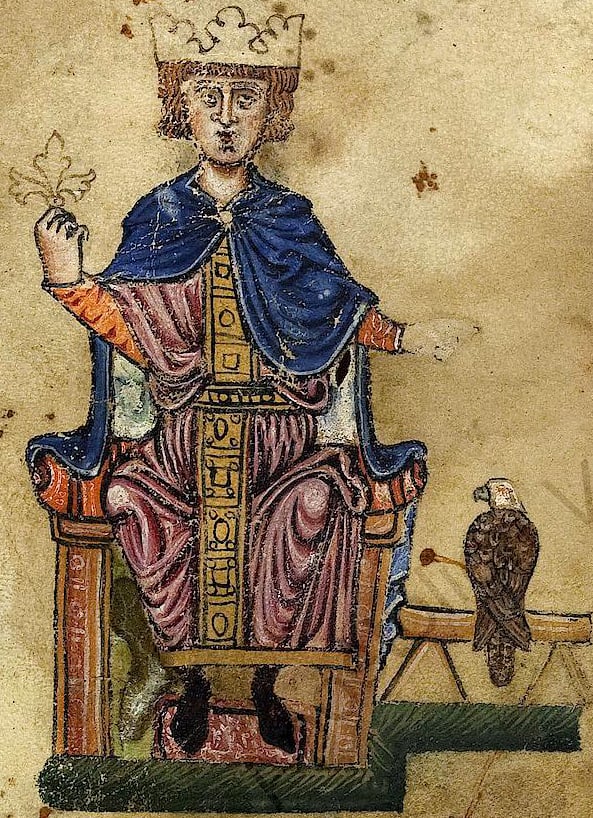 Portrait from the "Manfred manuscript" (Biblioteca Vaticana, Pal. lat 1071) of De arte venandi cum avibus.