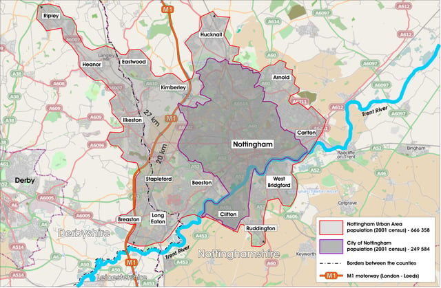 Map illustrating the boundaries of the city and the wider Greater Nottingham area