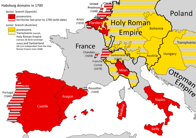 The Spanish and Austrian Habsburg Dominions in 1700, not showing their overseas empire, but showing the division between the Spanish and Austrian branch with their losses and gains.