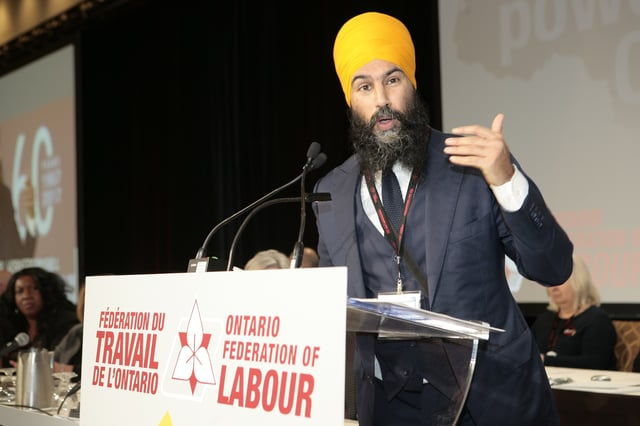 Singh speaks at an Ontario Federation of Labour convention several weeks after winning the New Democratic Party leadership election