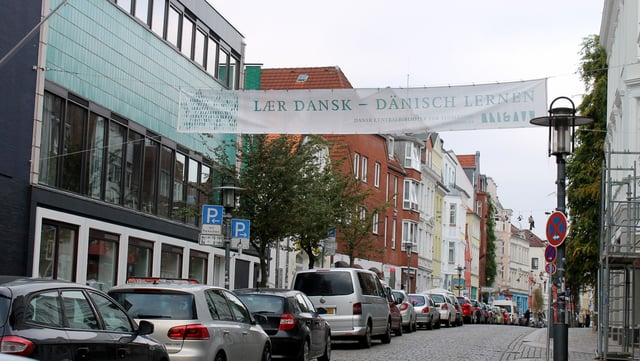 Learn Danish banner in Flensburg, Germany, where it is an officially recognized regional language