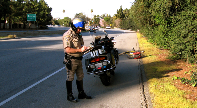 A motorcycle sergeant on the San Tomas Expressway near Benton Avenue in Santa Clara, California.