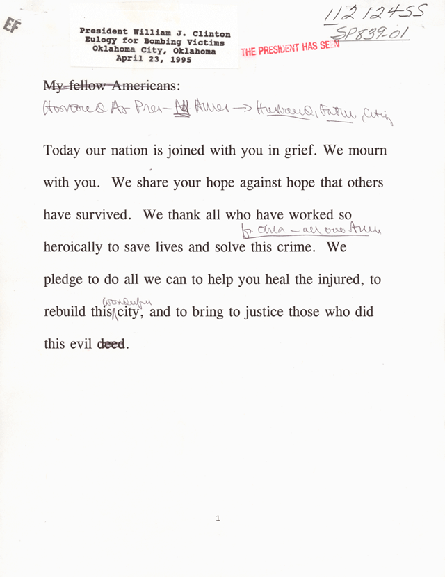 Bill Clinton's notes for address to the Oklahoma City bombing victims on April 23, 1995