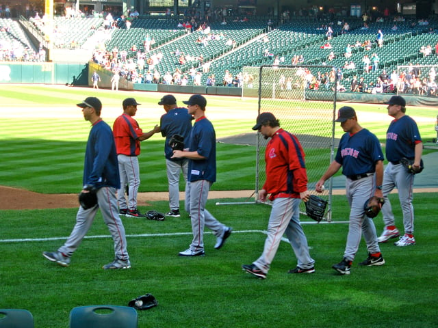Pitchers (left–right) Josh Beckett, Jon Lester, Éric Gagné, pitching coach John Farrell and Curt Schilling, prior to a Red Sox game at Seattle in August 2007