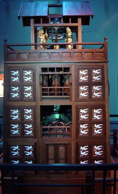 A scale model of Su Song's Astronomical Clock Tower, built in 11th-century Kaifeng, China. It was driven by a large waterwheel, chain drive, and escapement mechanism.