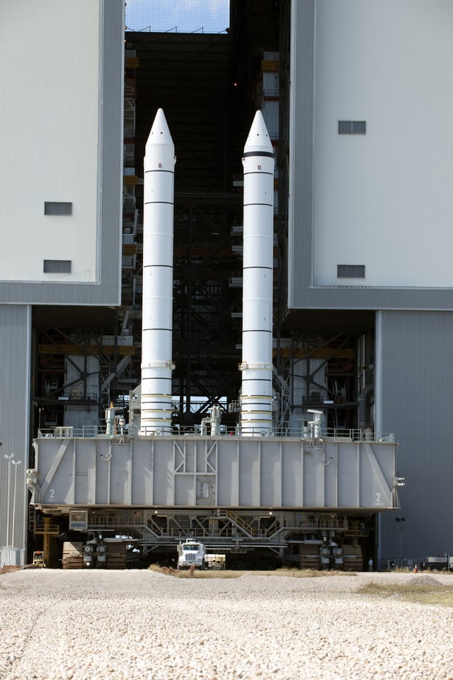 Two SRBs on the crawler prior to mating with the Shuttle