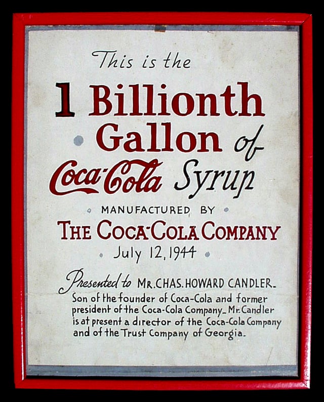 Original framed Coca-Cola artist's drawn graphic presented by The Coca-Cola Company on July 12, 1944 to Charles Howard Candler on the occasion of Coca-Cola's "1 Billionth Gallon of Coca-Cola Syrup."