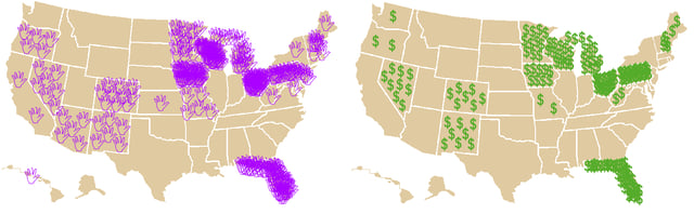 These maps show the amount of attention given by the campaigns to the close states. At left, each waving hand represents a visit from a presidential or vice-presidential candidate during the final five weeks. At right, each dollar sign represents one million dollars spent on TV advertising by the campaigns during the same time period.