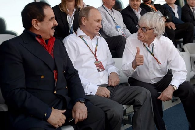 Ecclestone with King of Bahrain Hamad ibn Isa Al Khalifah and Russian President Vladimir Putin on tribunes of the races Formula One in Sochi. 12 October 2014
