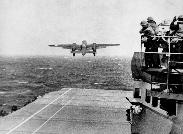A B-25 bomber takes off from USS Hornet as part of the Doolittle Raid.
