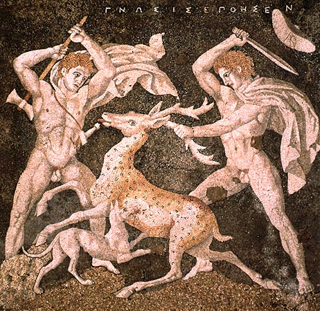 The emblema of the Stag Hunt Mosaic, c. 300 BC, from Pella; the figure on the right is possibly Alexander the Great due to the date of the mosaic along with the depicted upsweep of his centrally-parted hair (anastole); the figure on the left wielding a double-edged axe (associated with Hephaistos) is perhaps Hephaestion, one of Alexander's loyal companions.