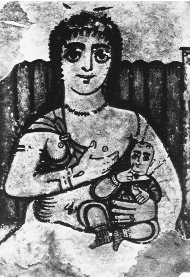 Isis Lactans holding Harpocrates in an Egyptian fresco from the 4th century CE
