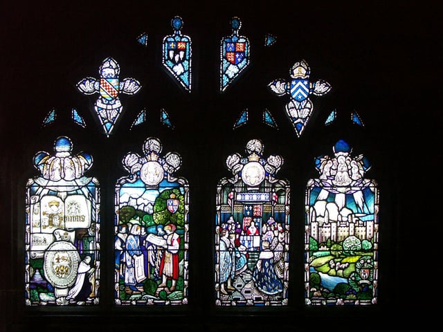 Stanberry Window (1923) in Hereford Cathedral, showing Bishop John Stanberry advising King Henry VI on the founding of Eton College