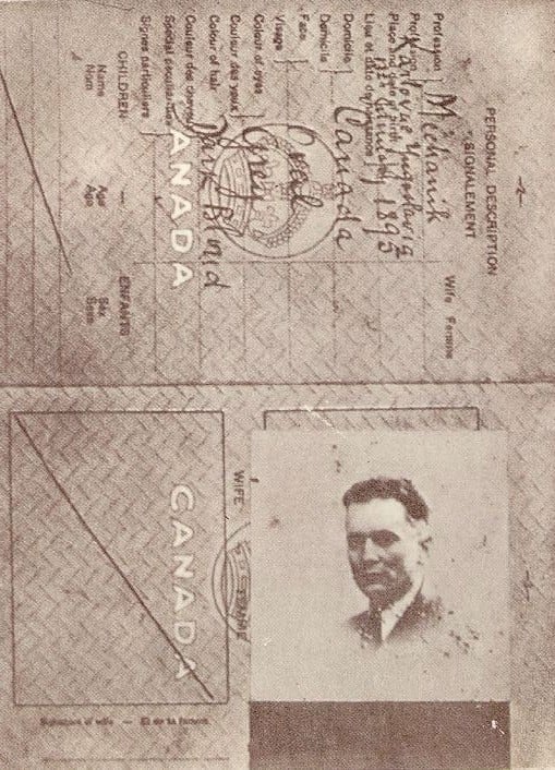 Fake Canadian ID, "Spiridon Mekas", used for returning to Yugoslavia from Moscow, 1939