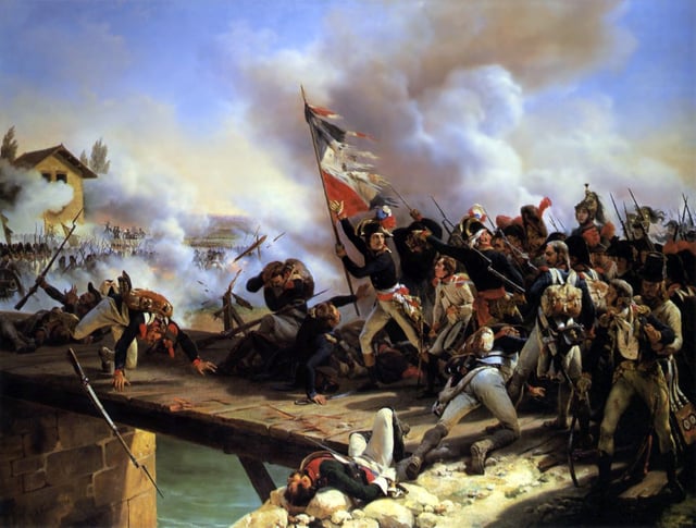 General Napoleon and his troops crossing the bridge of Arcole in 1796