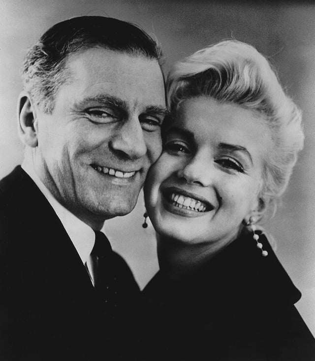 Laurence Olivier and Monroe during a press conference to announce their joint project, The Prince and the Showgirl