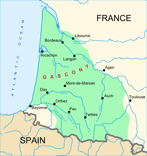 The location of Pau is shown on this map of the historical and cultural area of Gascony.