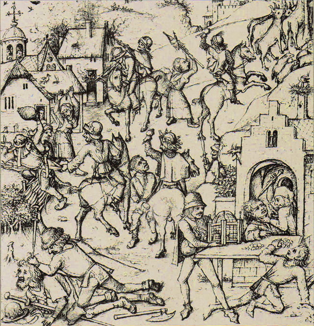 Violence in the middle ages: detail from "Mars" in Das Mittelalterliche Hausbuch, c. 1475 – 1480. The image is used by Pinker in The Better Angels of Our Nature, with the comment "as the Housebook illustrations suggest, [the knights] did not restrict their killing to other knights".